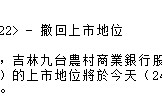 吉林九台农商行今日正式从港股退市