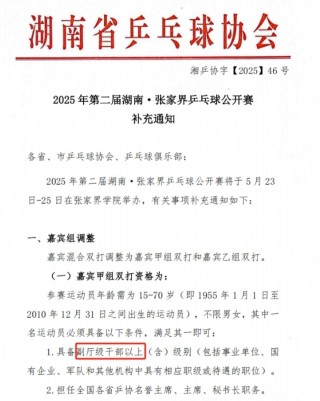 张家界乒乓球公开赛设干部职级门槛引关注，回应：仅限嘉宾组