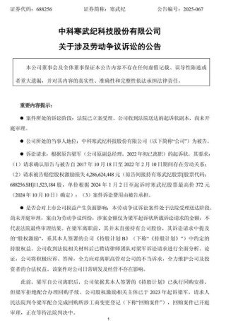 突发公告！寒武纪原副总起诉索赔近43亿元