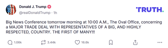 锁定今晚10点!特朗普预告:将宣布与某大国的 “重大贸易协议”  第1张 锁定今晚10点!特朗普预告:将宣布与某大国的 “重大贸易协议”  第1张