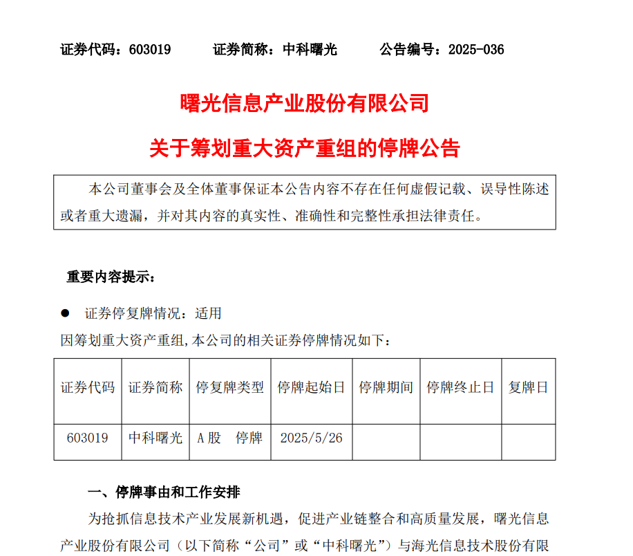 新规后首单!688041、603019,拟合并重组  第2张 新规后首单!688041、603019,拟合并重组  第2张