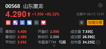 港股山东墨龙午后继续飙升,现涨超86%  第2张 港股山东墨龙午后继续飙升,现涨超86%  第2张